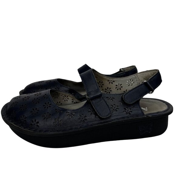 Alegria Womens Sz 8/8.5 Slip Resistant Navy Blue Leather Floral Laser Cut Mary J - Picture 5 of 11